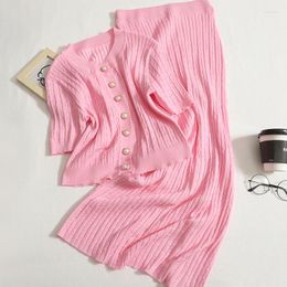 Work Dresses Summer 2Pcs Knit Sets Women Pink Breasted Short Sleeve Tops High Waist Split Skirts Chic Lady Suits 2024