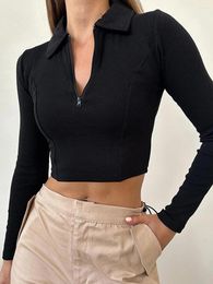 Women's T Shirts Half Zip Crop T-Shirt Solid Colour Ribbed Lapel Long Sleeve Casual Sports Show Navel Tops