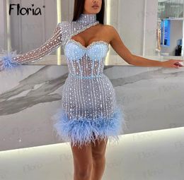Party Dresses Feather Blue Short Cocktail Dress Chic One Long Sleeve Beaded Mini Prom Graduation Celebrity Birthday Wear