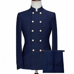 navy Blue Men's Suit Double Breasted Jacket Pants 2-piece Set Formal Wedding Tuxedo Groom's Dr Customised Outfit q4SE#