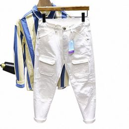 2023 New Designer Men's White Patch Jeans Slim Fit Stretch Fi Pocket Chic Streetwear Male Youth Biker Jeans Denim Trousers M2Qz#