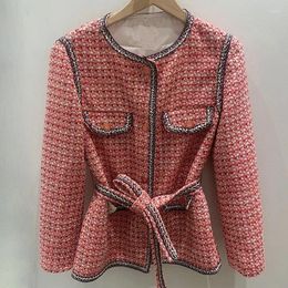 Women's Jackets 2024 French Single M Home Spring And Summer Vintage Small Fragrance Tweed Cheque Crewneck Tie Waist Jacket In Stock