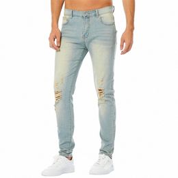 simple Retro Style Solid Holes Men Skinny Jeans Trousers Male Stylish Ripped Stretch Casual Denim Pants 86Jl#