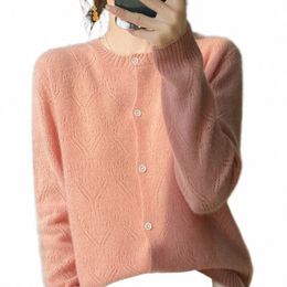 Cardigan in pura lana 100% per le donne O-Collo scava fuori top casual maglia ampia vestibilità coreana Versi femminile giacca Cmere L0Kh #