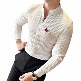 spring Fi Man Brand Quality Social Striped Shirts Luxury Mens White Slim Fit Lg Sleeve Dr Shirt Chemise Homme Techwear 38XI#
