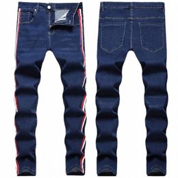 men's Side Stripe Jeans Trousers New Fi Cott Straight Elastic Denim Pants Classic Style Jean Hombre Male Pants K0jU#