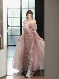 Party Dresses Luxury Sleeveless Pink Cocktail Off The Shoulder Mermaid Saudi Arabia Shiny Sequin Celebrity Evening Gowns 2024
