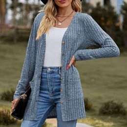 Women's Knits Waffle Knit Cardigan Elegant Knitted Winter Coat With Soft Pockets Anti-pilling Technology Stylish Mid Length For Fall