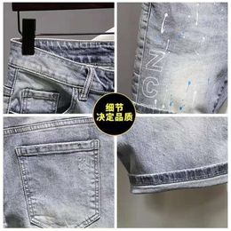 Denim Shorts, Men's Summer Slim Fit, Small Straight Tube, Splashed Ink Print, Korean Version, Trendy Hot Diamond, Versatile Five Point Pants