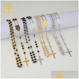 Pendant Necklaces Fine4U Stainless Steel Rosary White Black Beads Necklace Catholic With Metal Virgin Mary Jesus Crucifix Drop Delive Otpun