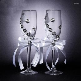 Wine Glasses Wedding Champagne Groom And Bride Rose Flower Ribbon With Diamond Goblet Supplies Decoration Glass Set