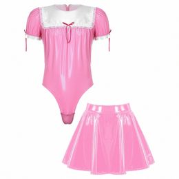 mens Sissy Maid Cosplay Costume Wet Look Leather French Maid Uniforms Lace Trim Bodysuit Flared Mini Skirt Crossdrer Dr Up 18bO#