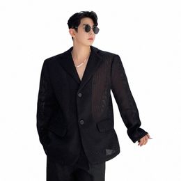 men Niche Design Vintage Fi Hollow Mesh Casual Blazers Suit Jacket Male Handsome Loose Suit Coat Women Streetwear Blazer h67w#