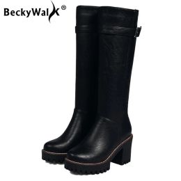 Boots Autumn Zipper Knee High Boots Women Fashion Platform High Heel Leather Shoes Woman Winter Motorcycle Boots Large Size 43 WSH3471