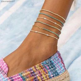 Anklets High Quality Summer Beach New Style Paving Transparent Blue CZ Evil Eye Charm Bracelet 2mm Tennis Chain JewelryL2403