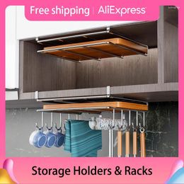 Hooks Kitchen Wall Cabinet Hanging Storage Rack Stainless Steel Non Punch Cutting Board Rag Hanger Paper Towel Pot Cover