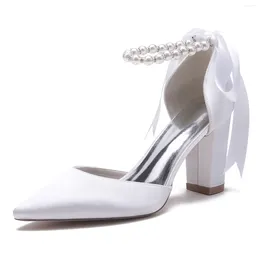 Dress Shoes Thick-heeled Pointed Pearl Ribbon Bow Wedding Bride