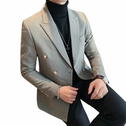 high-quality Men Blazers Double Breasted Casual Slim Suit Jacket Wedding Busin Social Dr Coat Streetwear Costume Homme 00SC#