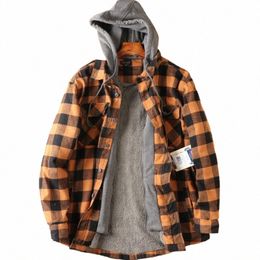 men Cott Plaid Hooded Jacket Man Sherpa Fleece Shirt Thicken Warm Sweatshirt Lg Sleeve Hoodie Coat Fi Outdoor Clothing m54F#