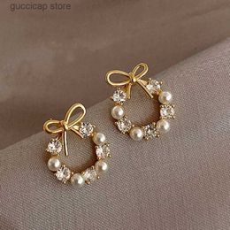 Charm Minimalist Round Bow Knot Earrings For Women Temperament Fashion Rhinestone Imitation Pearl Stud Earrings Party Wedding Jewely Y240328