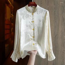 Women's Blouses YCMYUNYAN-Women's Chinese Style Vintage Shirts Silk Flower Long Sleeves Women Tops Loose Clothing Spring Summer