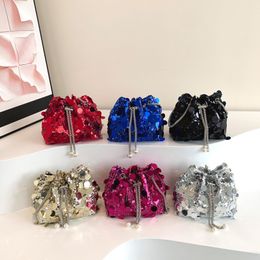 Girls shining sequins handbags girls pearls metals chain Drawstring bucket bag fashion children one-shoulder bags Z7374