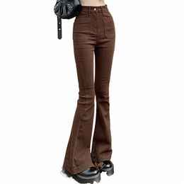 high Waist Stretch Slim Flared Jeans Women Bottom Straight Spring Autumn Brown Denim Pants Female Fi Streetwear Trousers U44f#