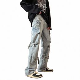 men Y2K Vintage Loose Straight-Leg Jeans New Heavy Industry Multi-Pocket Wed Cargo Pants Korean Streetwear Hip Hop Harajuku 50HL#