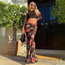Skirts Skorts Summer Floral Print Long for Women Sexy See Through Low Waist Slim Fashion Holidays Beach Party Clothing 2024 yq240328