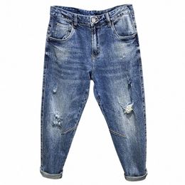 ripped Jeans Men Light Blue Stretch Capris Pants Distred Casual Harem Pants Vintage Hip Hop Ankle Length Trousers Jeans Brand a2iA#