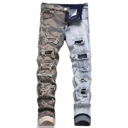 men Camoue Print Spliced Jeans Streetwear Patchwork Slim Tapered Strerch Denim Pants Holes Ripped Distred Trousers o63K#