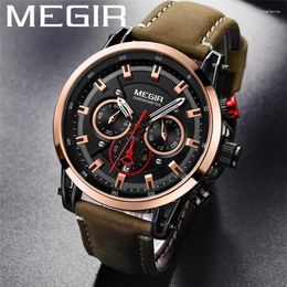 Wristwatches MEGIR Man Sport WristWatch Waterproof Chronograph Men Watch Military Army Top Genuine Leather Male Clock 2085