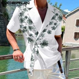 Men's T-Shirts 2023 Men Shirt Flower Printing Lapel Short Sleeve Lace Up Fashion Men Clothing Summer Streetwear Casual Camisas S-5XL24328