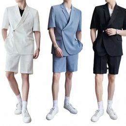 Son ceket pantolon tasarımları sıradan erkek şort setleri yaz ince kore ince trend yakışıklı kısa kollu takım elbise ceket blazer japonya i0z0#