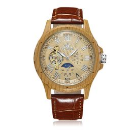 Sewor Men's Fully Automatic Mechanical Wood Watch Leather Band Sun, Moon, and Stars 1823