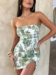 Casual Dresses Women S Strapless Tube Mini Dress Y2k Floral Print Sleeveless Bandeau Split Ruched Bodycon Short