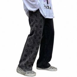 dueweer Mens Straight Jeans Spring Autumn Black Baggy Hip Hop Trousers Men Large Size Plaid Print Harajuku Wide Leg Denim Pants F2KB#
