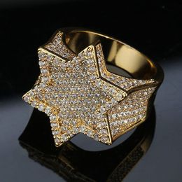 Ring mit echtem Gold, Weißgold, Mintgrün, Iced Out, kubischer Zirkonia, sechseckiger Stern, Bling-Diamant, Street-Rapper-Ring, 264P