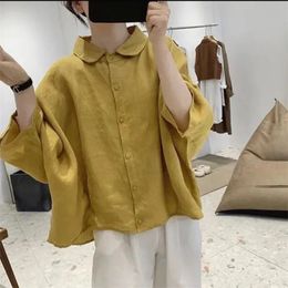 Cotton And linen Womens Shirt Summer Threequarter Sleeve Bat sleeved Loose oversized slimming Doll Collar Blouse Lady 240328