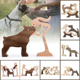 Family Puppy Handmade Wood Dog Decor Creative Craft Figurine Ornament Carving Model Home Office Decoration Pet Sculpture Gift 240325
