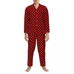 Home Clothing Simple Checkerboard Pajamas Male Red And Black Checkered Cute Room Nightwear Autumn 2 Piece Casual Oversized Design Suit