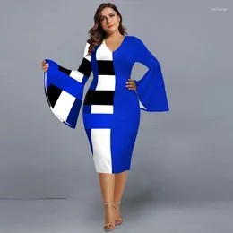 Casual Dresses Plus Size For 2024 Elegant Geometric Print Evening Party Dress V Neck Flare Sleeve Club Outfits Women's Clothing