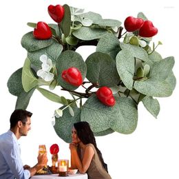 Decorative Flowers Eucalyptus Candle Wreath Artificial Leaves Ring With Red Heart Tabletop Ornaments Holder For