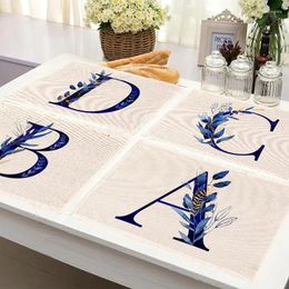 Table Mats Blue Letters Pattern Kitchen Placemat Home Decor Dining Tea Cotton Linen Pads Bowl Cup Decoration