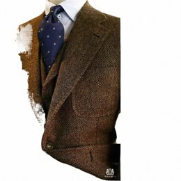 men's Suit Brown Herringbe Pattern 3-piece Formal Jacket Pants Vest Busin Men Slim Fit Outfit Customized Groom's Tuxedo w8Xg#