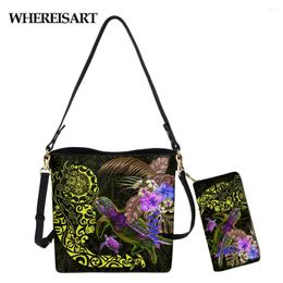 Bag WHEREISART Female PU Leather 2pcs Set Bucket And Purse Samoan Art Flower Tutle Polynesian Designs Hand Crossbody Sac