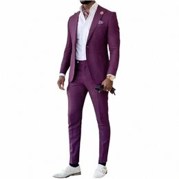 casual Men Suits Purple One Butt Single Breasted Peak Lapel Skinny 2 Piece Jacket Pants Daily Outwear Slim Fit Customised Set G0sP#