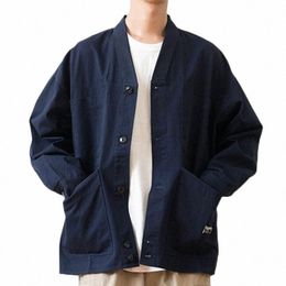100% Cott Men Multi-Pockets Chore Jacket Cargo Japan Style Turn Down Collar V-Neck Navy Blue Casual Mens Coat Spring Autumn D5mY#