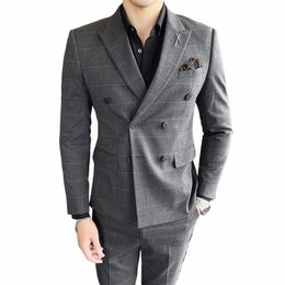 men double-breasted Suits Fi Slim Formal Wedding Tuxedo busin Casual Elegant grid suit Male Suit 2 Piece Blazer+Pants 74iv#