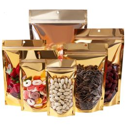 100PCS Stand Up Glossy Gold Aluminium Foil Ziplock Bag Clear Front Coffee Sugar Snack Salt Spice Resealable Packaging Pouches 240322